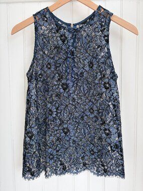 7 For All Mankind Sleeveless Lace Top — Navy Blue & Black Floral, Size S